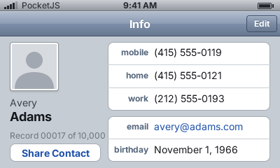 PocketJS contact detail on the Nintendo 3DS upper screen