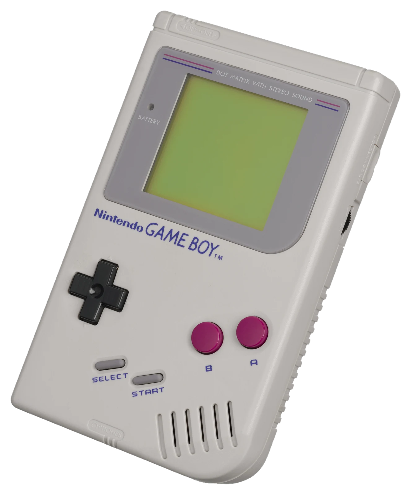 An original Nintendo Game Boy DMG-01, front-left view