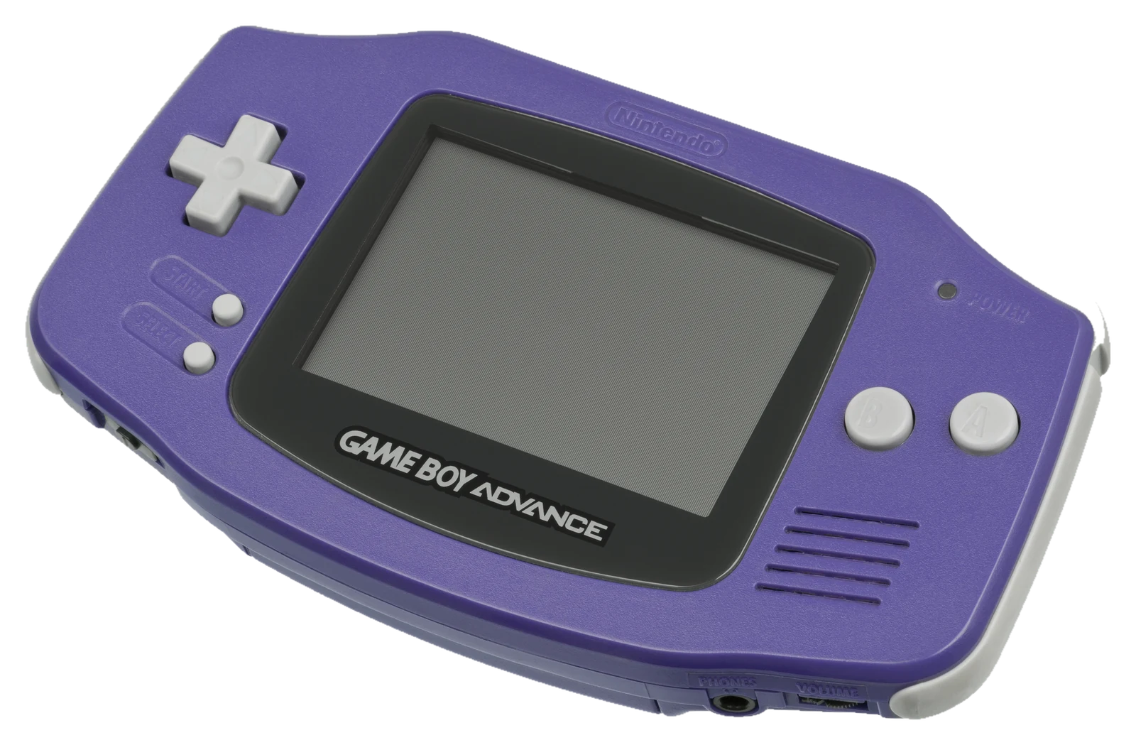 An indigo Game Boy Advance, front-left view
