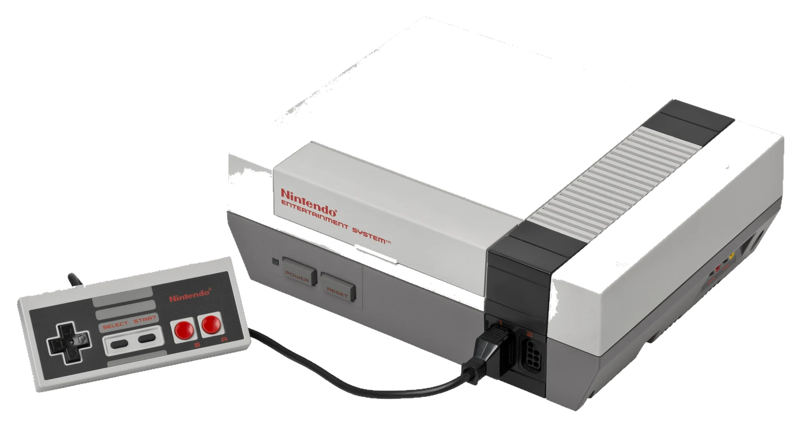 A Nintendo Entertainment System NES-001 with a controller attached