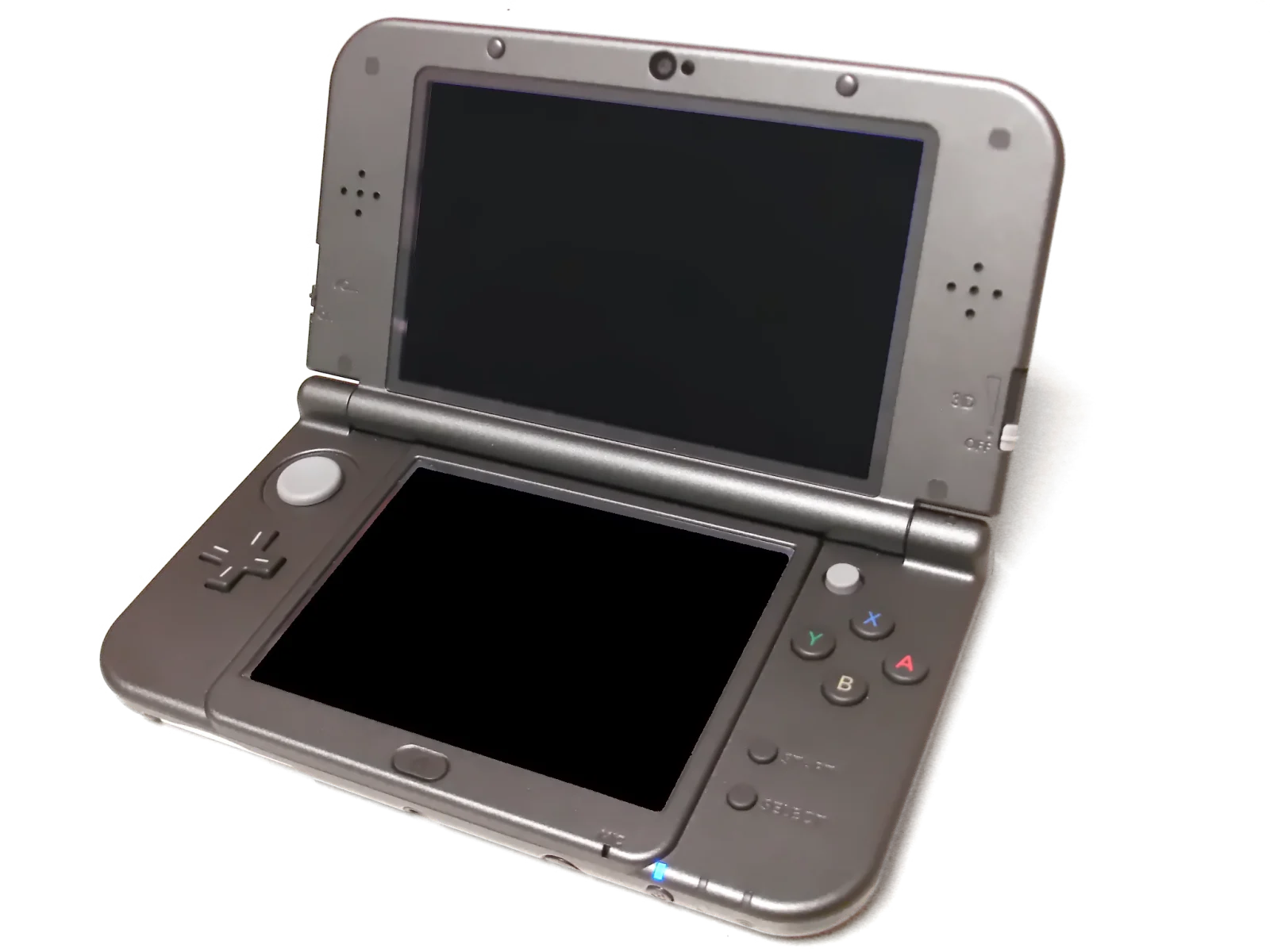 An open metallic-black New Nintendo 3DS XL, the model sold as New Nintendo 3DS LL in Japan