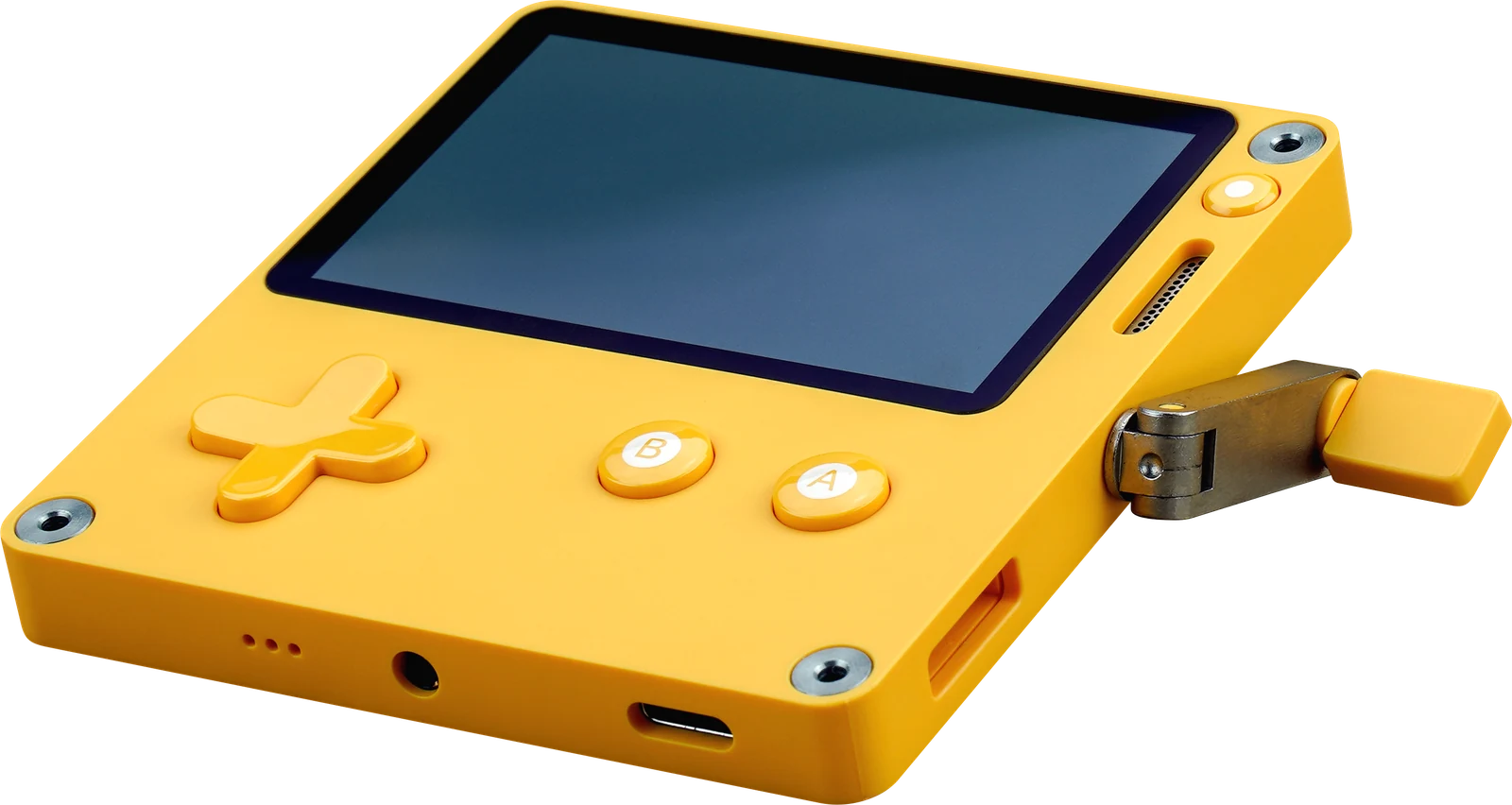 A yellow Panic Playdate, three-quarter view with the crank extended