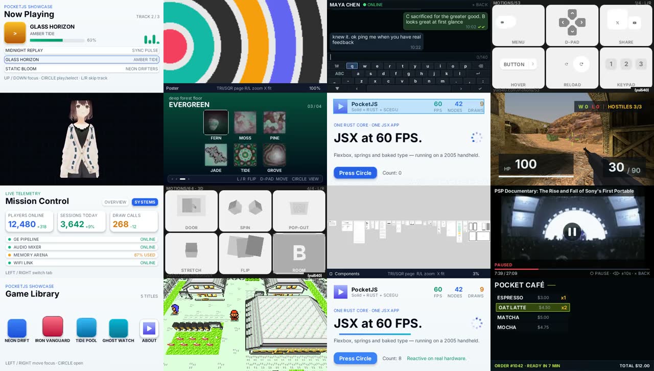A wall of sixteen PocketJS programs rendered by the engine