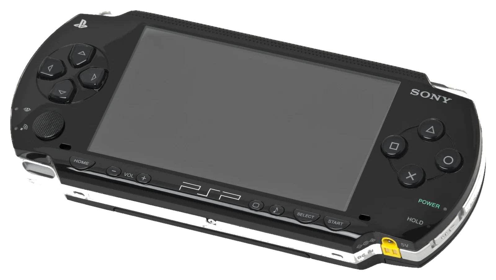 A piano-black Sony PSP-1000, front three-quarter view