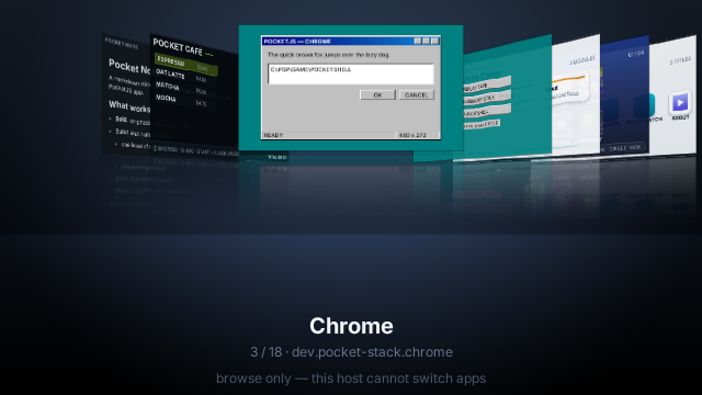 The PocketJS Cover Flow launcher running on a Nokia E7 in landscape