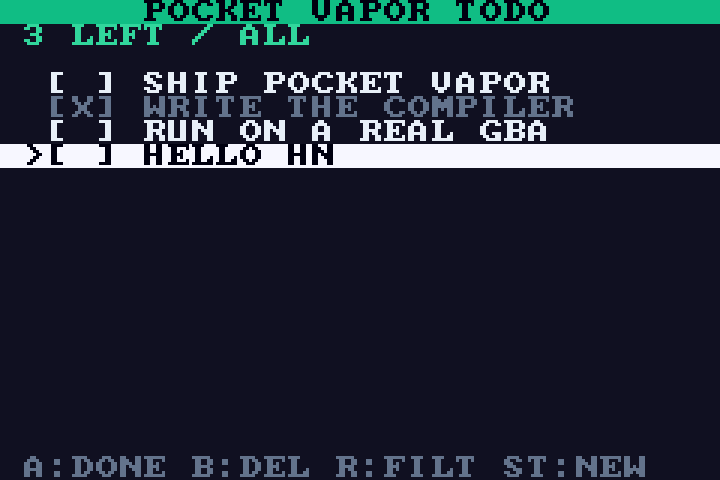 A new todo added to the list on the Game Boy Advance