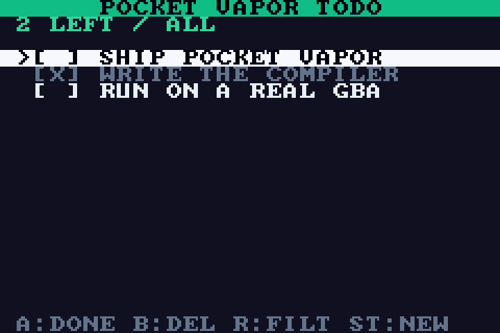 The Pocket Vapor todo app booting on a Game Boy Advance